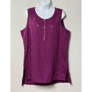 Ellen Tracy Women's Purple 100% Linen Sleeveless Half Zip Tunic Tank Top Size XL
